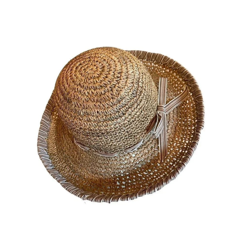 Natural Straw Hat Neutral Striped‎ Ribbon Detail One Size
